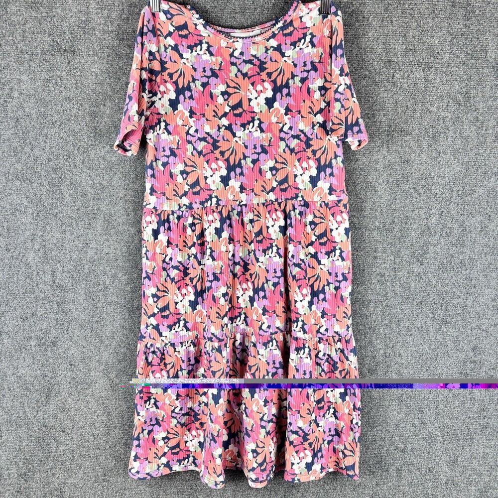 Falls Creek Womens XL Floral Tiered Midi Dress Pink Navy Short Sleeve Ribbed